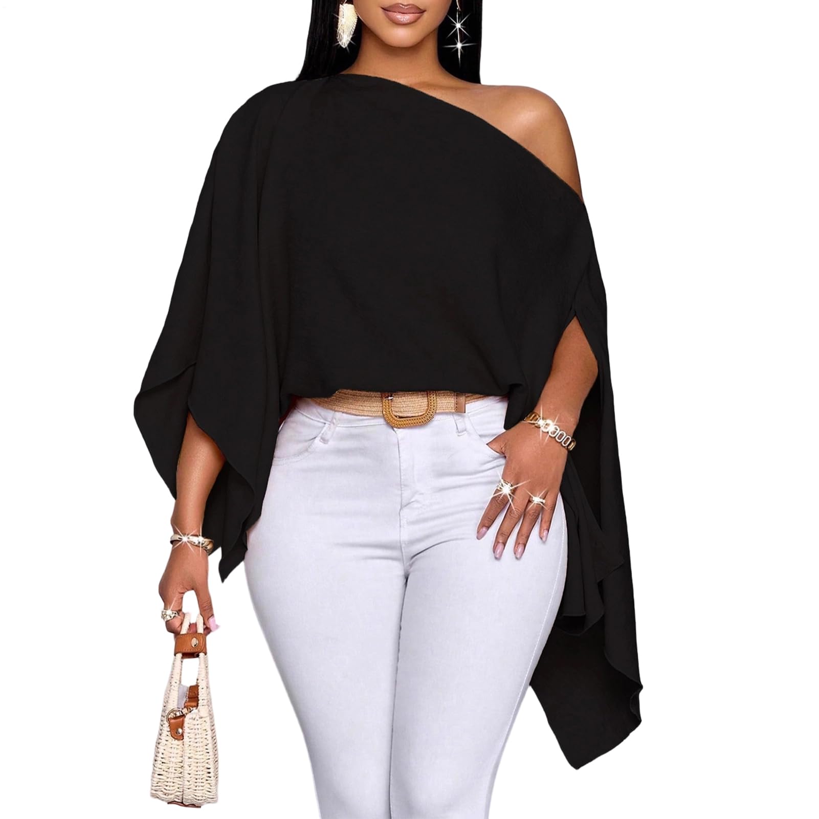 Dolman Sleeve Off Shoulder Top Flowy Dolman Sleeve Blouses Casual Asymmetrical Neck Loose Tops Party Dating Black 3X-Large
