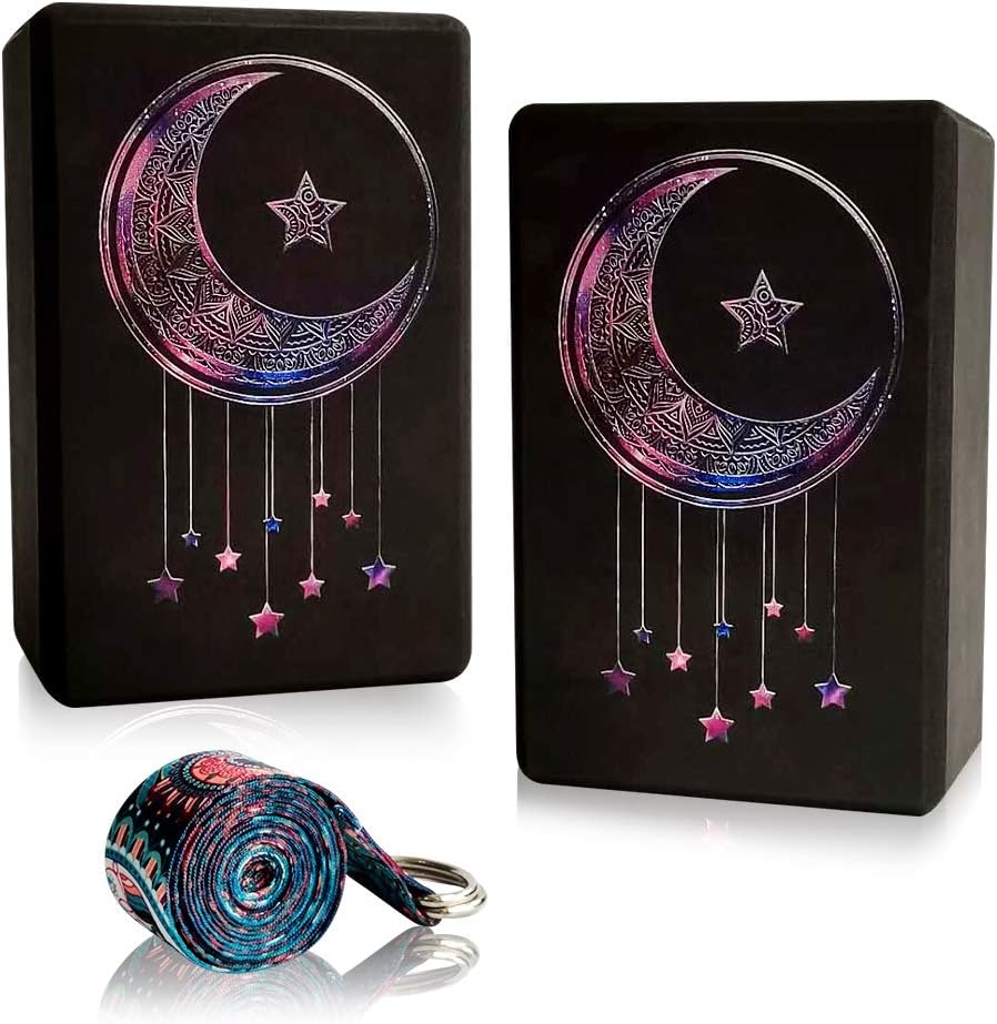 Yoga Blocks 2 Pack with Strap High Density EVA Foam Exercise Blocks – Lightweight Versatile Fitness and Balance Odor Free Brick,9" x 6" x 4"