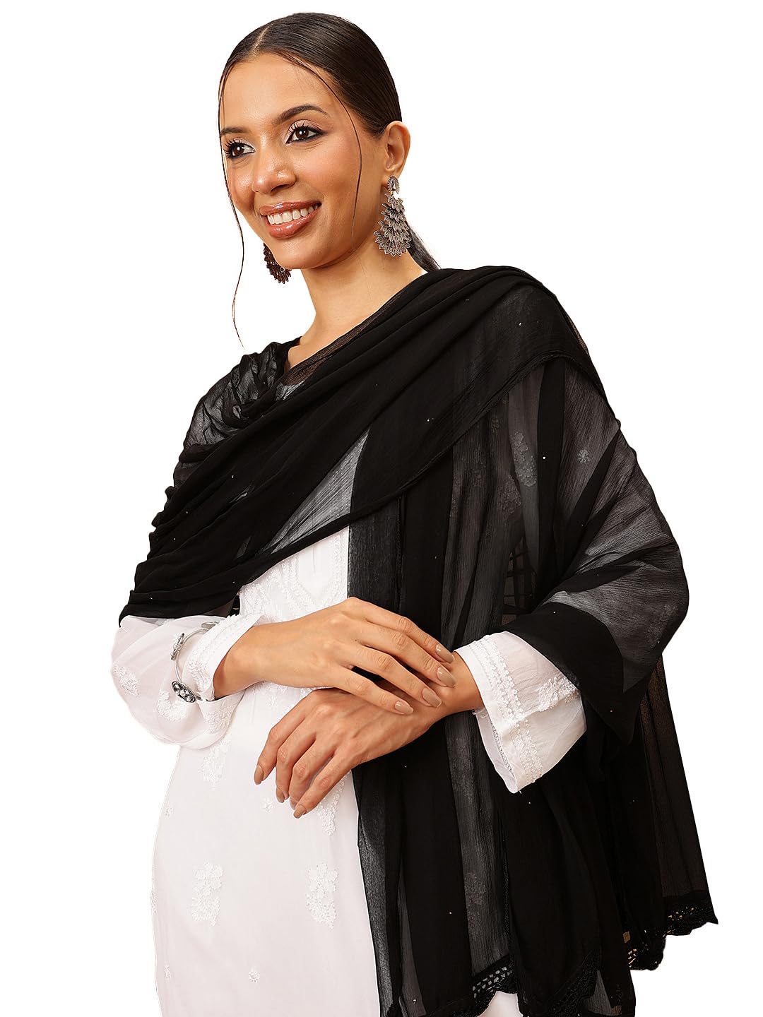 ada Women's Hand Embroidered Ethnic Wear Chikankari Chiffon Dupatta With Muqaish Work A511146 Black-picture-10