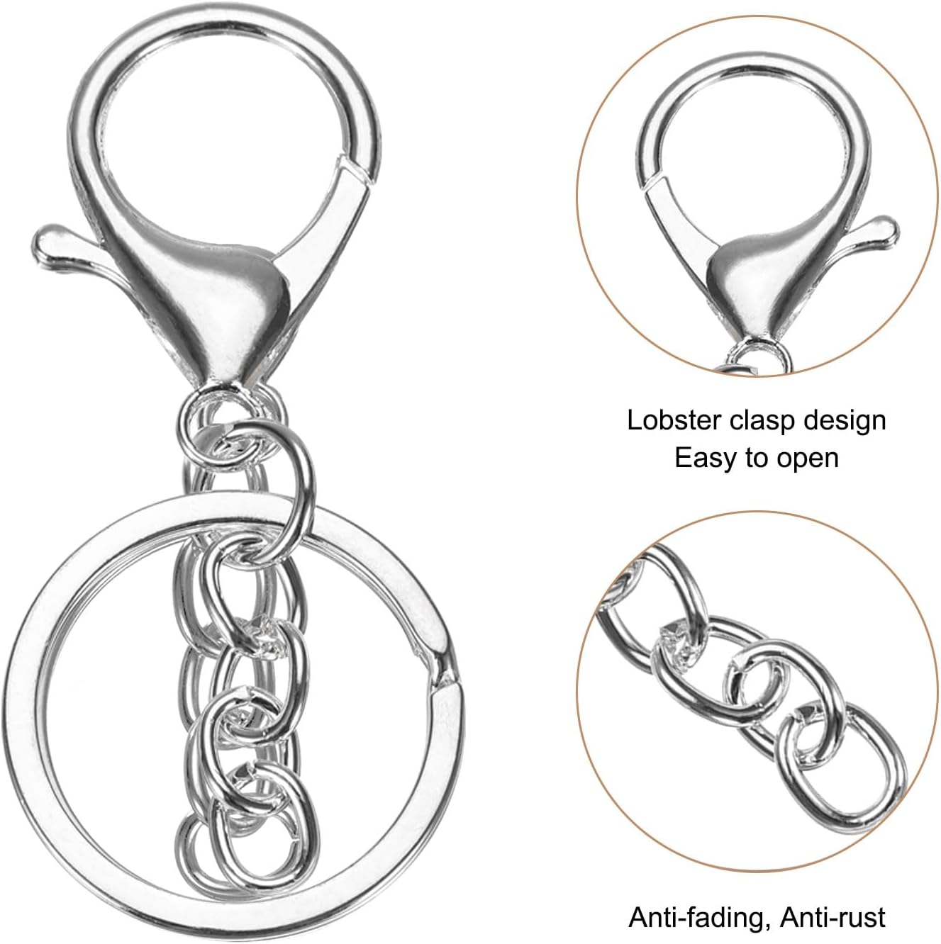 uxcell Lobster Claw Clasps Keychain, 30 Pcs Lobster Claw Clasp Hook with Flat Split Keychain Ring and Chain for DIY Craft Key Chain Accessories, Silver image 3