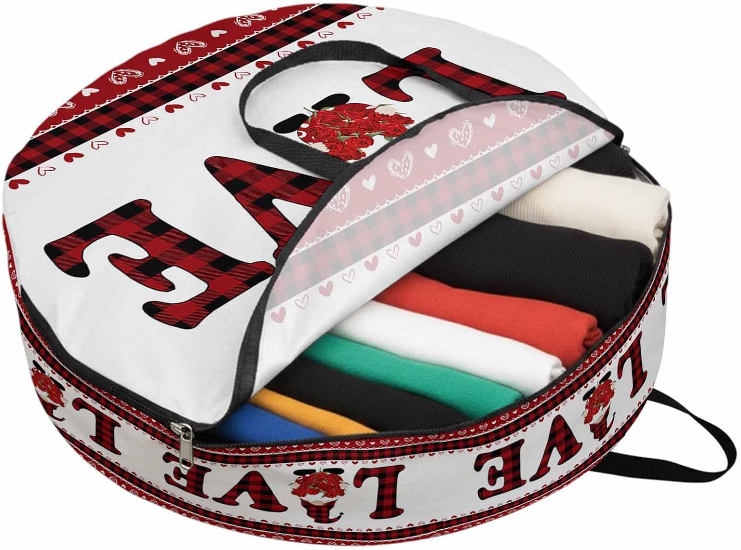 Valentine's Day Round Storage Bag 36 Inch, Love Gnomes Buffalo Plaid Clothes Storage Container with Handles Heavy Duty Organizer for Comforter, Bedding & Holiday Wreaths