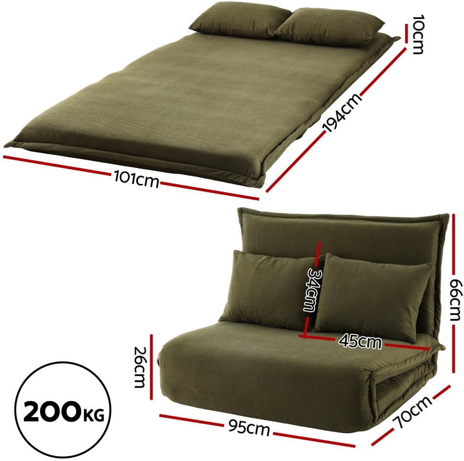 Adjustable Floor Chair with Back Support, Foldaway Floor Chaise Lounge Chairs Recliner, Sturdy Metal Frame, 2 Seater Comfy Sofa Couch Bed with Pillows, Easy Storage, for Living Room Bedroom