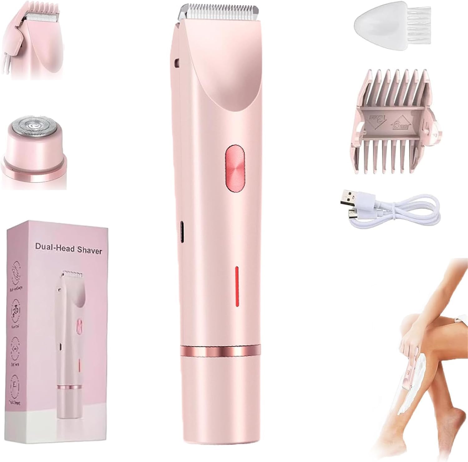 Women's 2-in-1 Electric Shaver, Dual Head Body Hair Remover, IPX7 Waterproof Rechargeable Razor for Legs, Armpits, Arms