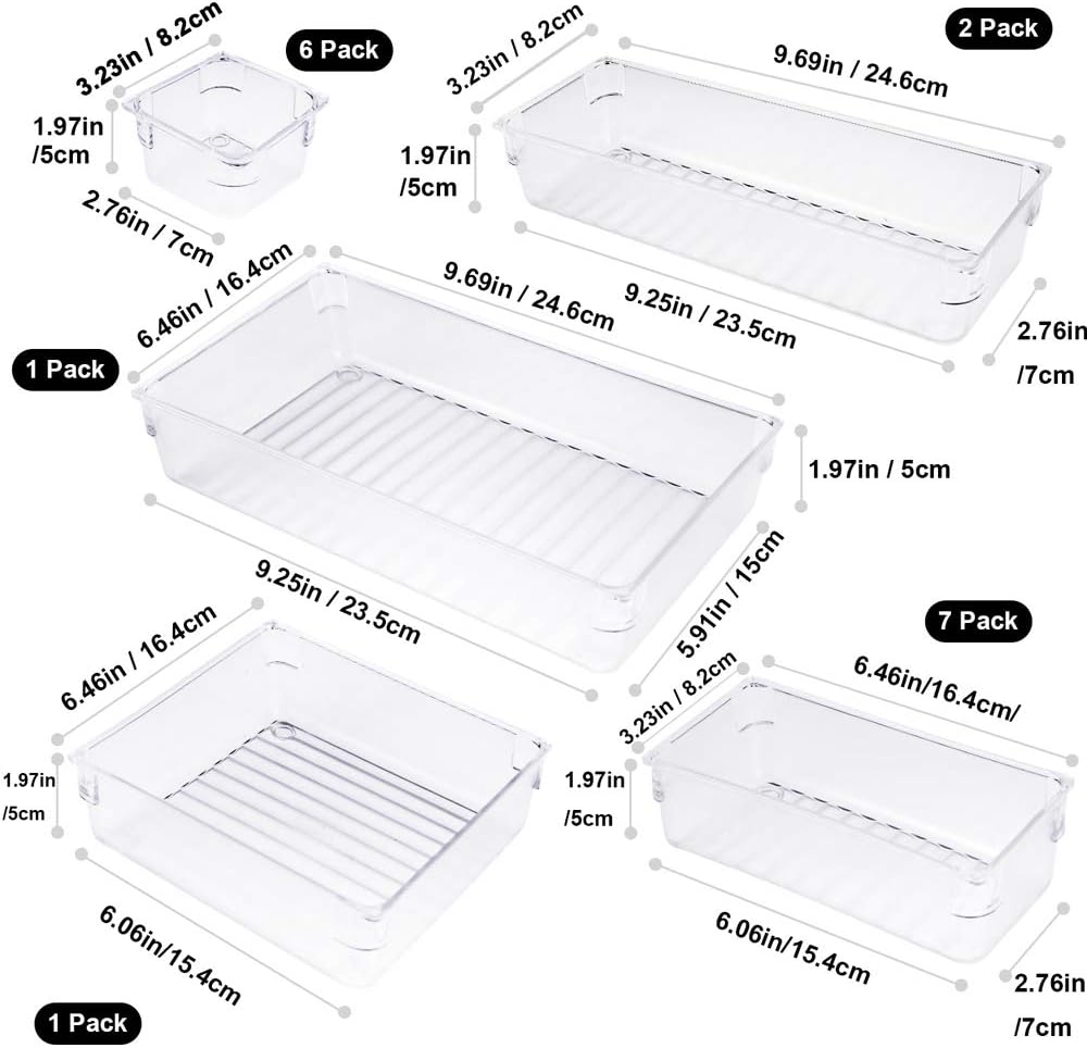 Qozary 17 Pack Clear Plastic Drawer Organizer Containers, Storage for Desk Drawers Trays, Kitchen Bathroom Makeup Drawer Dividers with Large Capacity Bins, 5-Size Trays for Bedroom Dresser Drawer