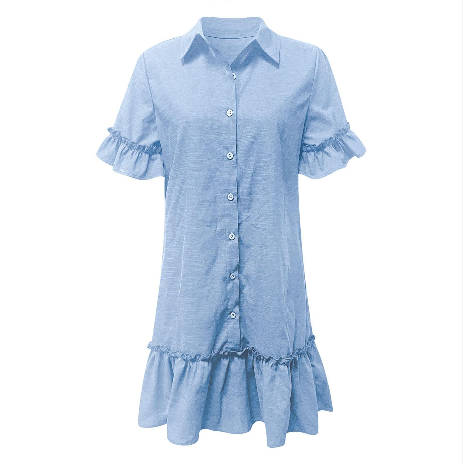 Vestido Camisero Informal con Botones Delanteros y Mangas con Volantes para Manga Corta Recta. Vestido de Uso Diario para la Universidad.