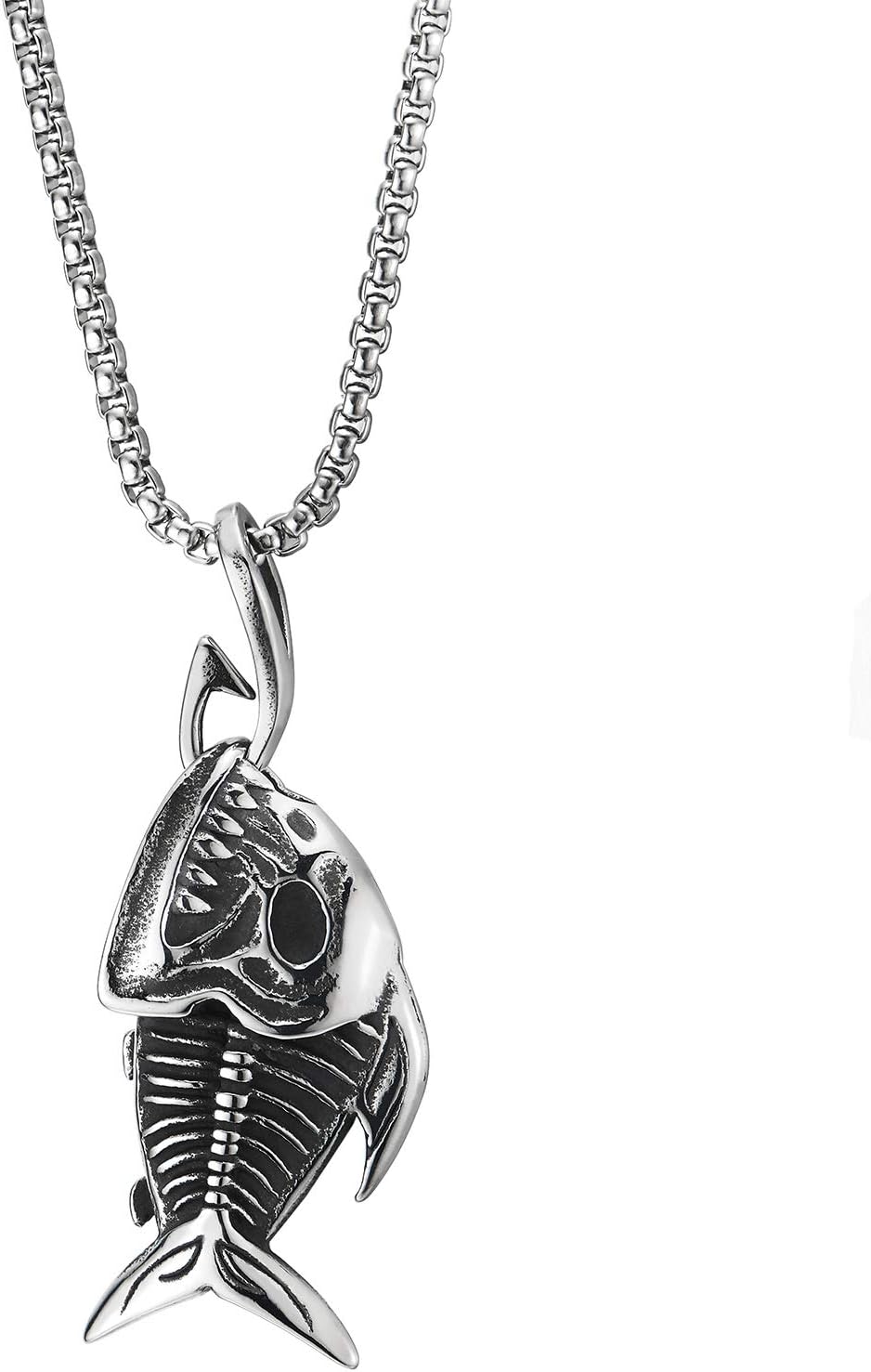 COOLSTEELANDBEYOND Shark Sharp Teeth Fish Skeleton Bone Pendant Necklace Steel Gothic Style, 30 inches Wheat Chain - Image 4
