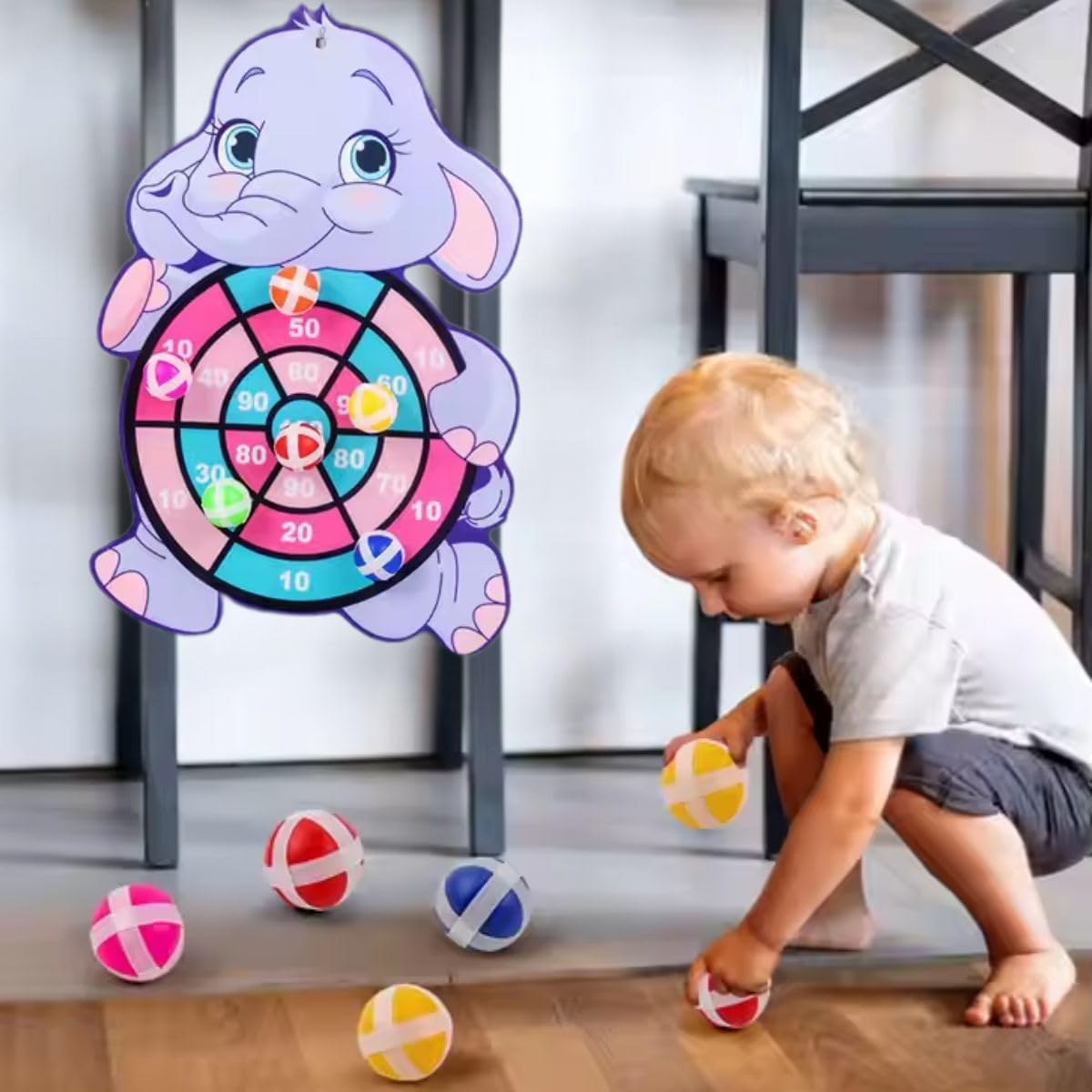 Painel Alvo Infantil Elefantinho 43x30cm com Bolinhas que Grudam – Jogo Educativo de Arremesso, Coordenação Motora, Brinquedo Seguro e Divertido para Crianças