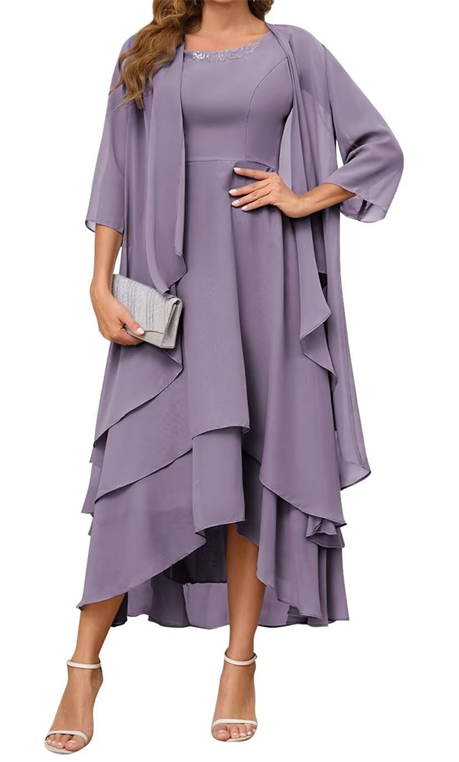 Yiann Women's Wisteria Long Mother Of The Groom Dresses For Wedding With Jacket Tiered Chiffon Mother Of The Bride Dress Uk12
