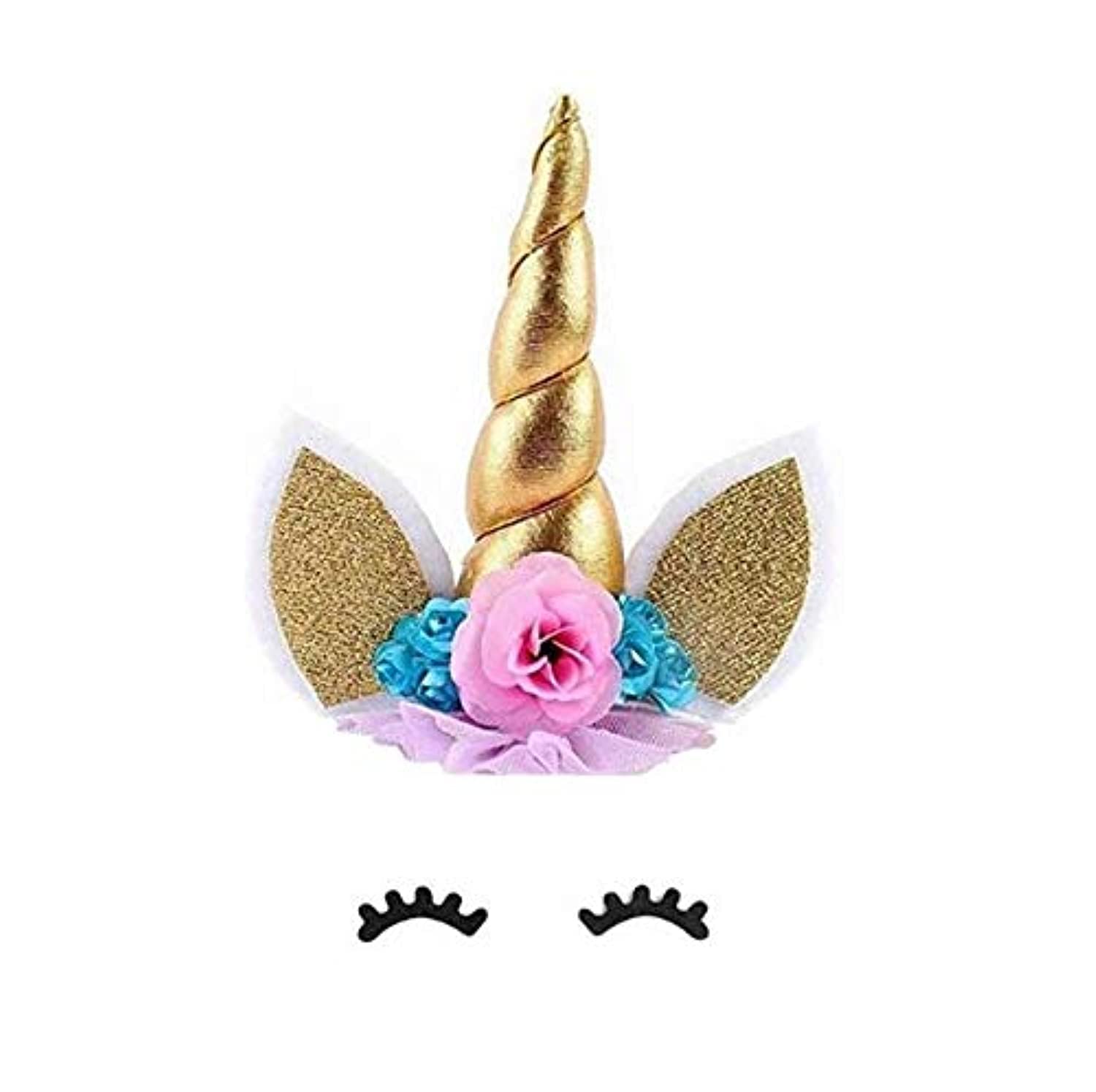 3pcs/Set Unicorn Cake Decorations Unicorn Gold Handmade Horns Ears Cake Cupcake Toppers Dessert Table Party Decoration Supplies for baby shower wedding and birthday party