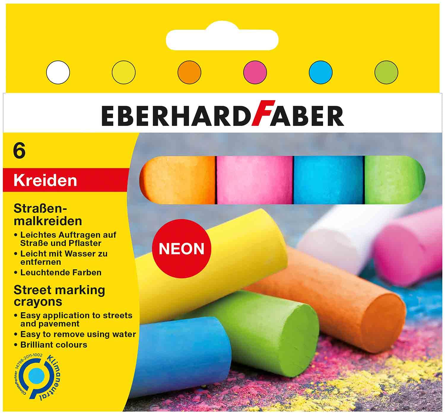 Eberhard Faber526505 crayons in 6 bright neon colours, in cardboard case, chalk for colourful painting fun on asphalt, roads and pavements, various