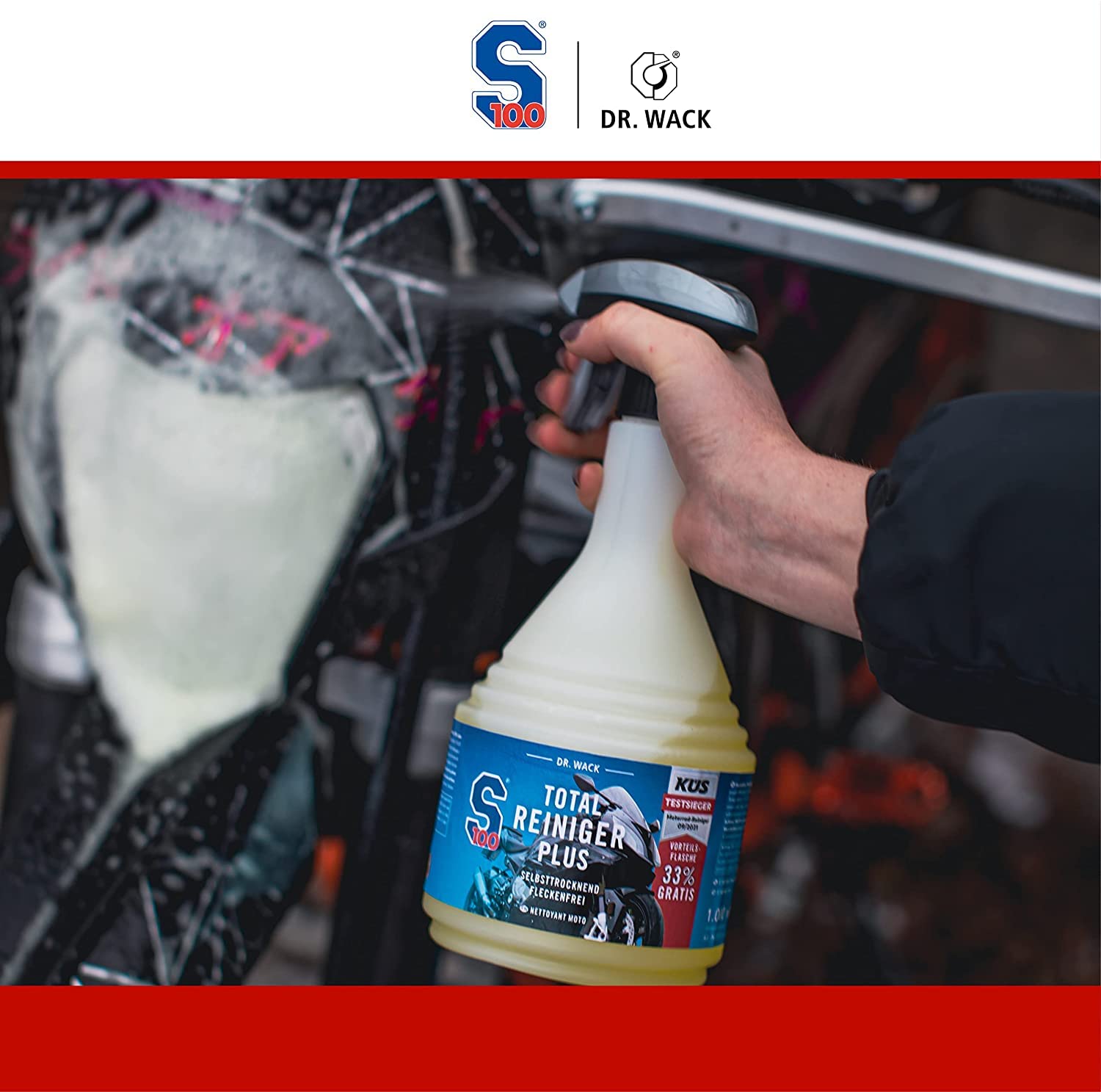 Kit de nettoyage et de séchage pour moto - Wack S100 Total Cleaner + Nettoyant rapide + Nettoyant pour jantes moto + Nuke Guys chiffon sec & 2x pinceaux + detailmate gant lavage & chiffon polissage