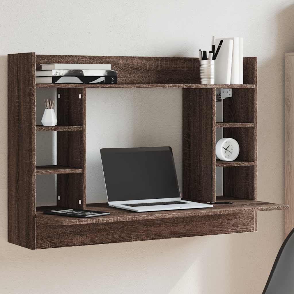 Scrivania da parete marrone effetto rovere, 105 x 48 x 75 cm, tavolo sospeso per laptop in legno con spazio e 6 scomparti, scrivania per computer salvaspazio per casa, ufficio e corridoio