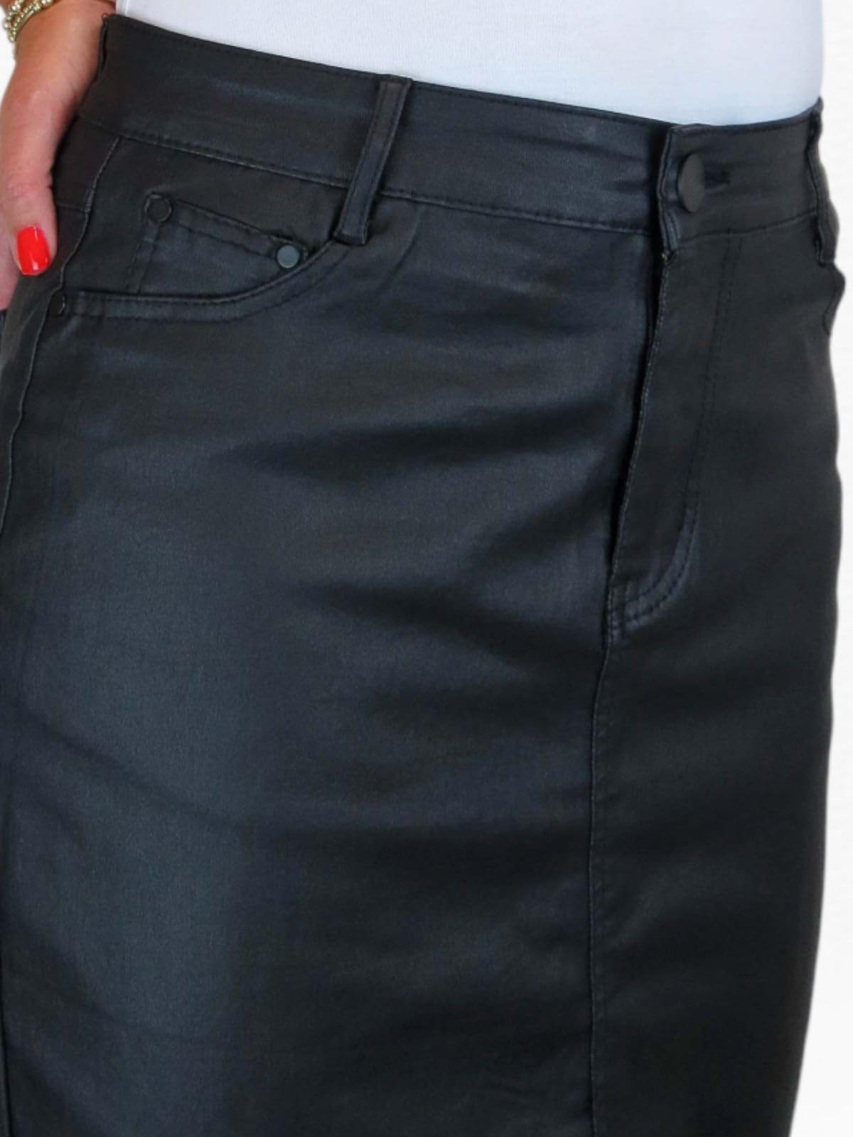 Paulo Due Gonna A Tubino Stile Jeans Elasticizzato in Similpelle Rivestita da Donna Nero 42-54