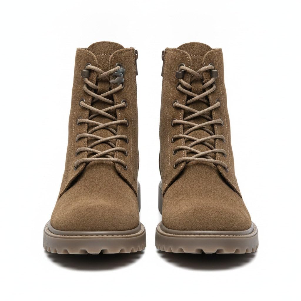 Men’s Brown Lace-Up Combat Boots with Side Zipper, Rugged Sole, Ankle-Length Casual Outdoor Boots-image-2