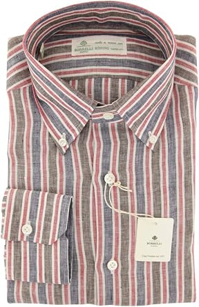 Luigi Borrelli Blue Stripes Button Down Linen Slim Fit Dress Shirt, Size x-Large 17.5