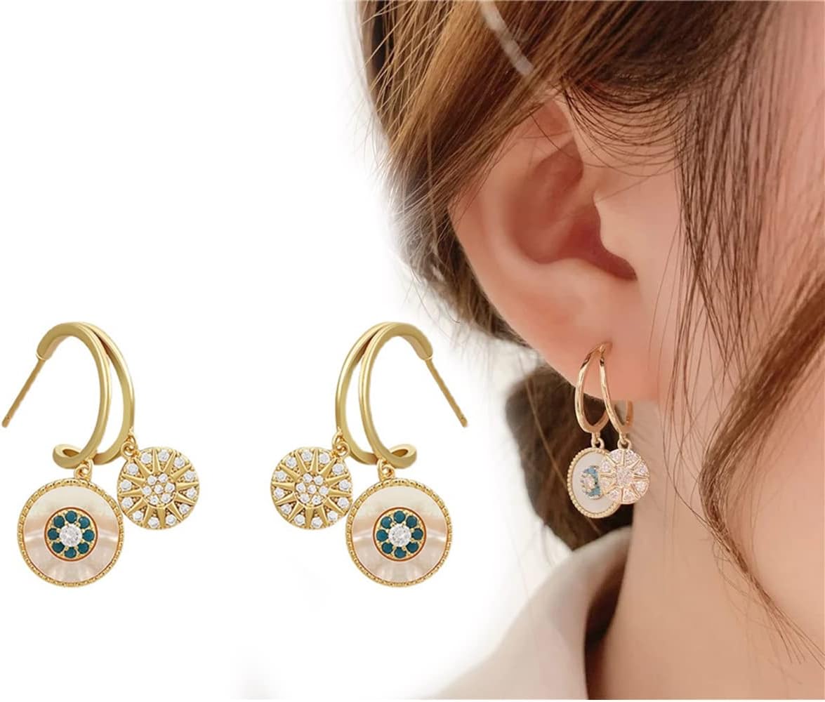 HPKJUYDS Natural Shell Zircon Earrings, 14k Gold Plated Fashion Zircon Double Geometric Circle Drop Earrings, Piercing Hypoallergenic Ear Cuff, Boho Ear Ringing Jewelry for Women Girls