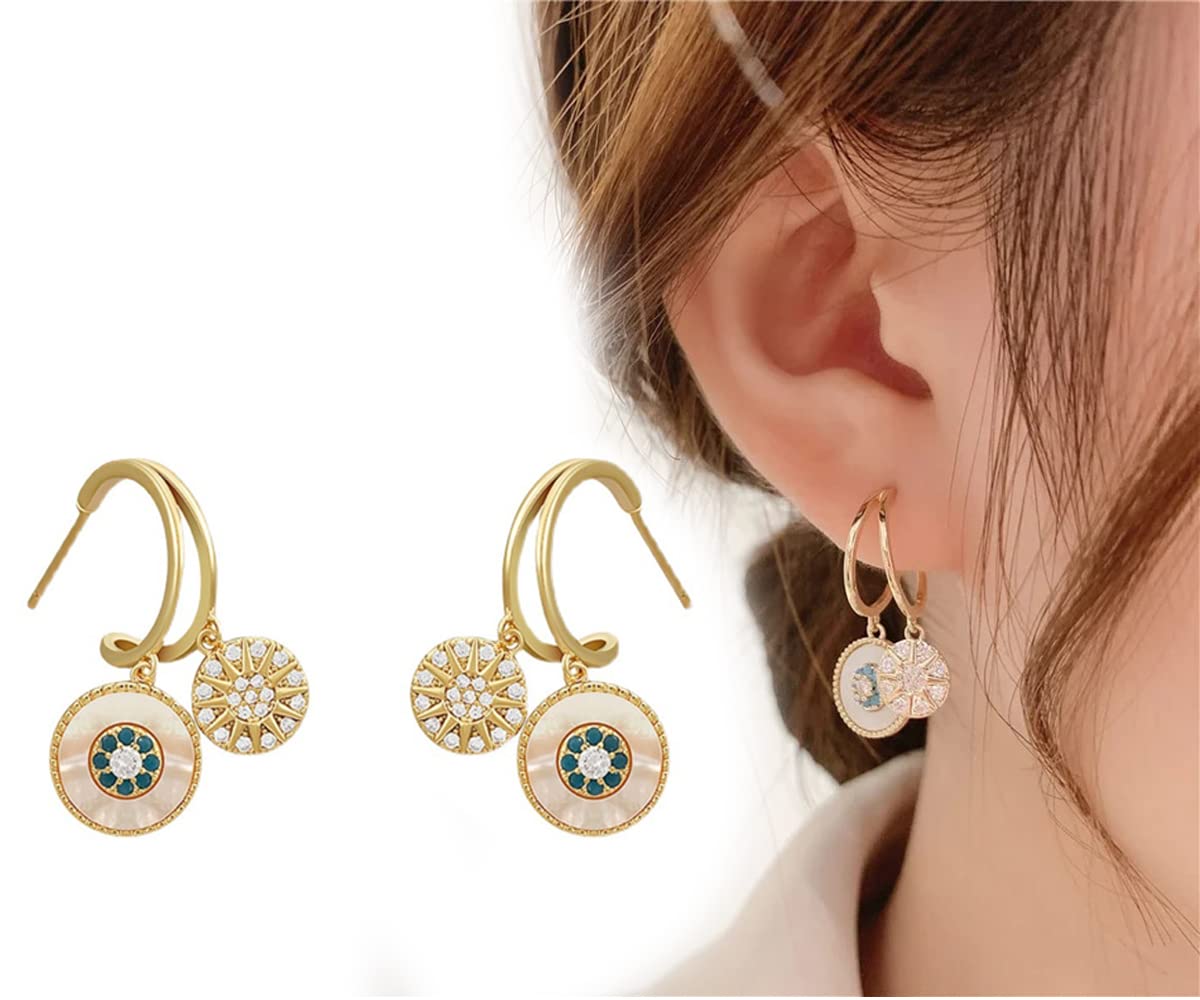 HPKJUYDS Natural Shell Zircon Earrings, 14k Gold Plated Fashion Zircon Double Geometric Circle Drop Earrings, Piercing Hypoallergenic Ear Cuff, Boho Ear Ringing Jewelry for Women Girls
