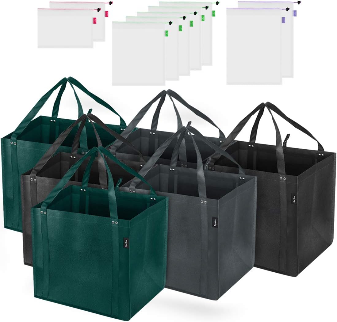 Syntus 15 Pack Reusable Grocery Mesh Produce Bag Set - 6 Foldable Fabric Totes Large Shopping Boxes with Inner Pocket Reinforced Bottom and 9 Eco-friendly Breathable See-through Mesh Produce Bags