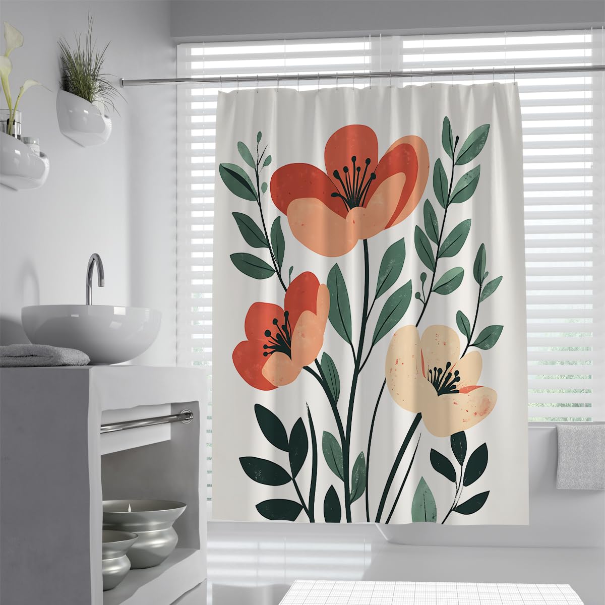 UERWOWELL Boho Minimalist Shower Curtain Mid Century Modern Floral Bath Curtains Countryside Wildflowers Blossom Bathroom Curtain Waterproof Washable W120xL180 cm