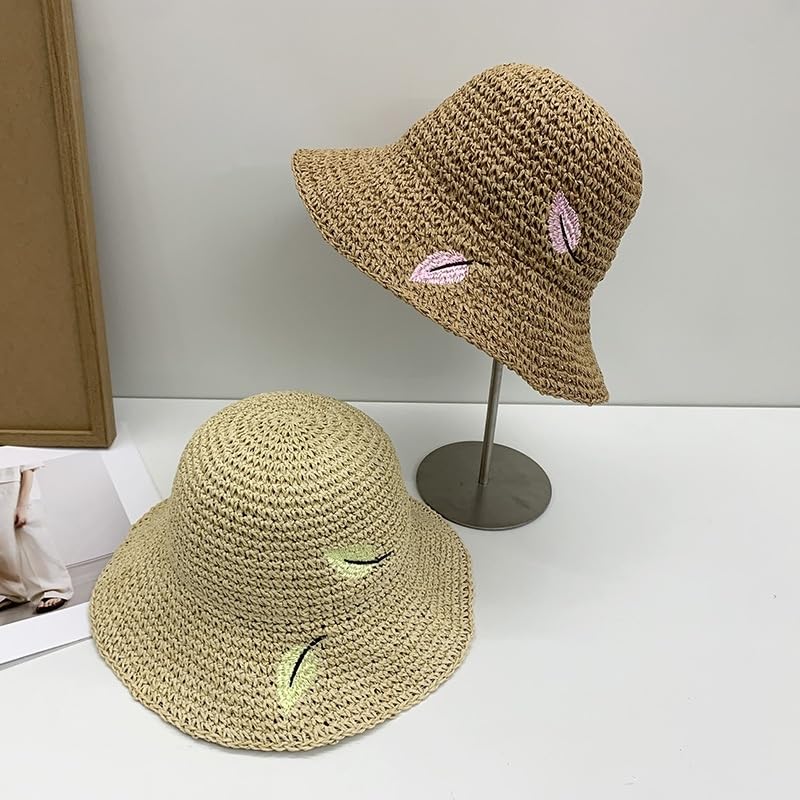Sombrero de Verano para Mujer,con Protección UV,Plegable,de ala Ancha,de Paja con Bordado de Hojas,Transpirable,para Playa,Exteriores,Vacaciones y Viajes