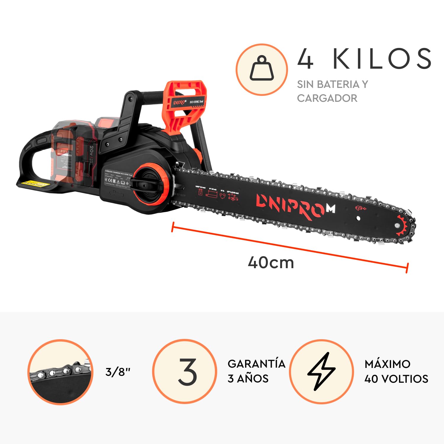 Motosierra a Batería DCS-201BC Dual 2x20V - Espada de 40 cm, Velocidad de Cadena 16 m/s, 8000 RPM, Cadena 3/8” - Peso 4 Kg, Freno de Seguridad - Incluye 2 Baterías 4 Ah y Cargador Dual - Por Dnipro-M