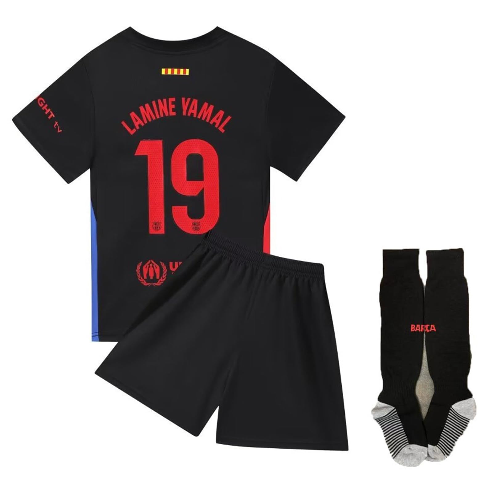 Barca 2024/2025 Lamine Yamal #19 Home Football Soccer Kids Jersey Shorts/Socks Set Youth Sizes (Big & Tall, Black, 9-10 Years)
