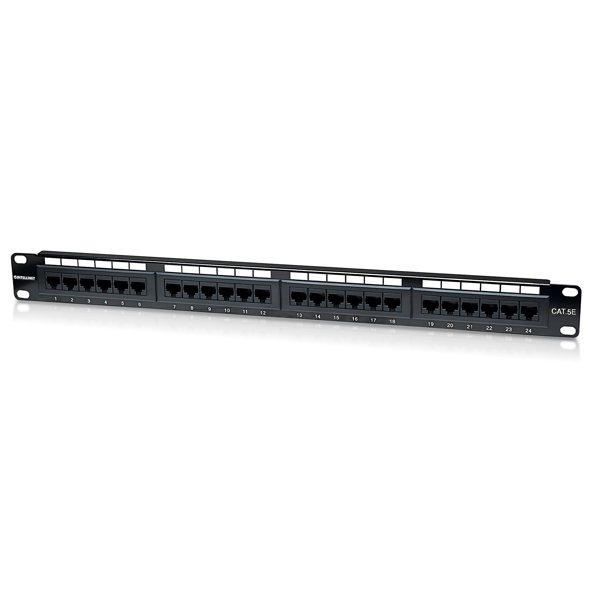 Intellinet 24 Port Cat5e Network Patch Panel Wall Mount– 1U Rack Height - Installer Grade 3mm 50 Micro-inch Gold Plated Jack Contacts - Lifetime Mfg Warranty - Black 513555
