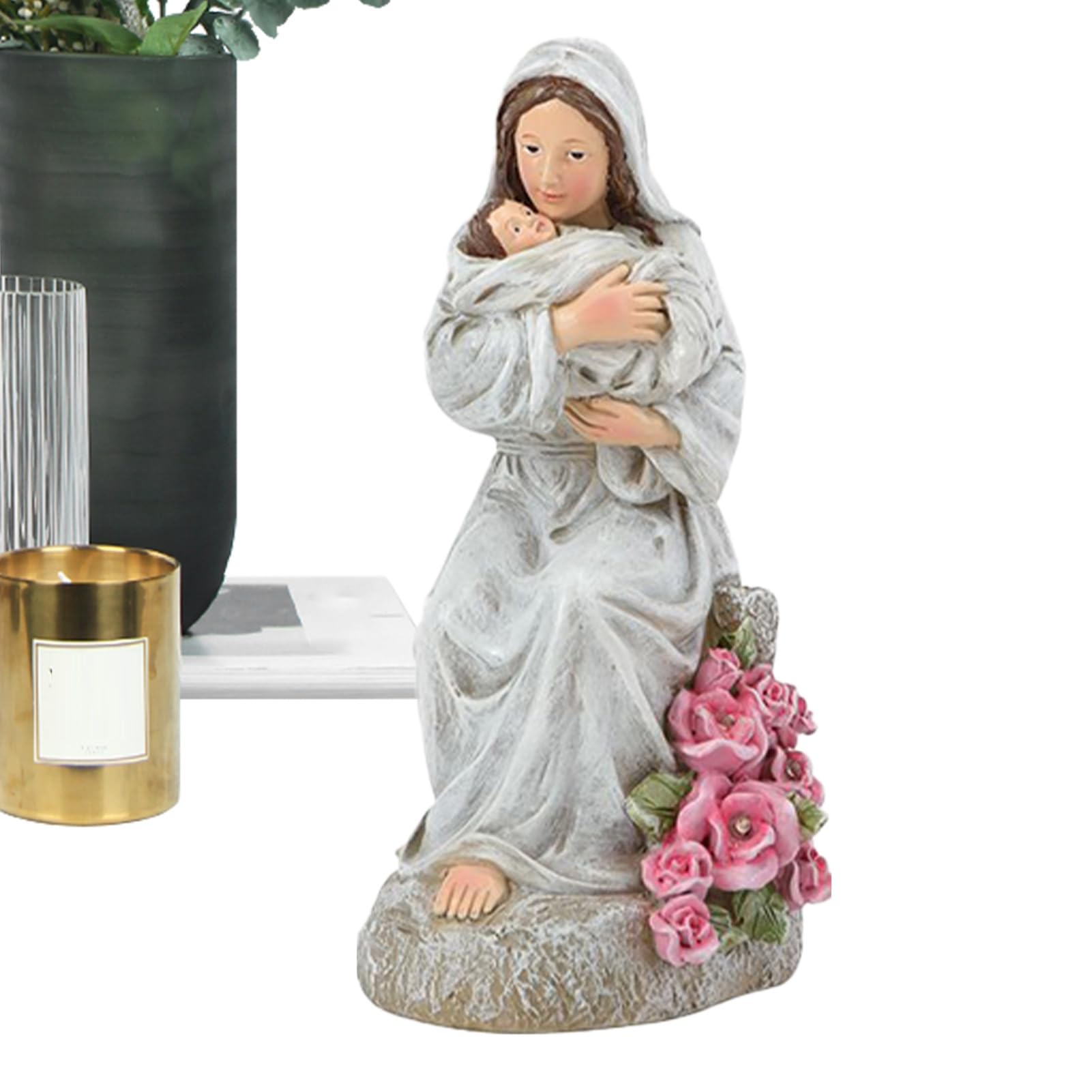Statue de Mère Tenant Son Fils | Figurine en Résine LED pour Décoration