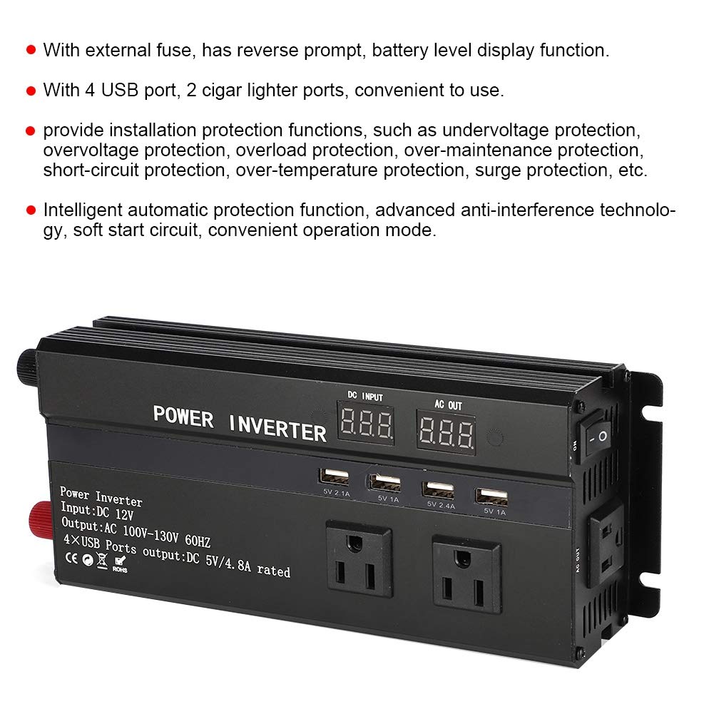 Inverter/ 2000W 12V Dc to 120V Ac - 4000W Car Power Inverter DC 12V to 110V AC Converter Fast with LCD Display USB Port Cigar Lighter Ports Car Adapter