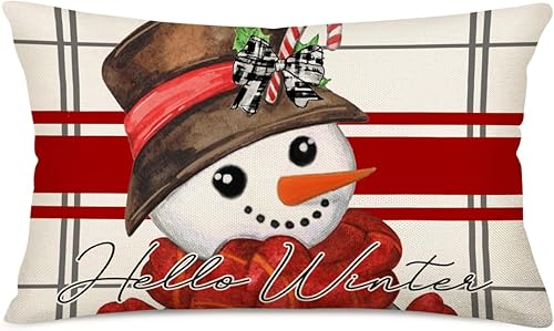 Hello Winter - Fundas de almohada lumbar de muñeco de nieve de 12 x 20 pulgadas, decoraciones navideñas de rayas rojas, almohadas decorativas de