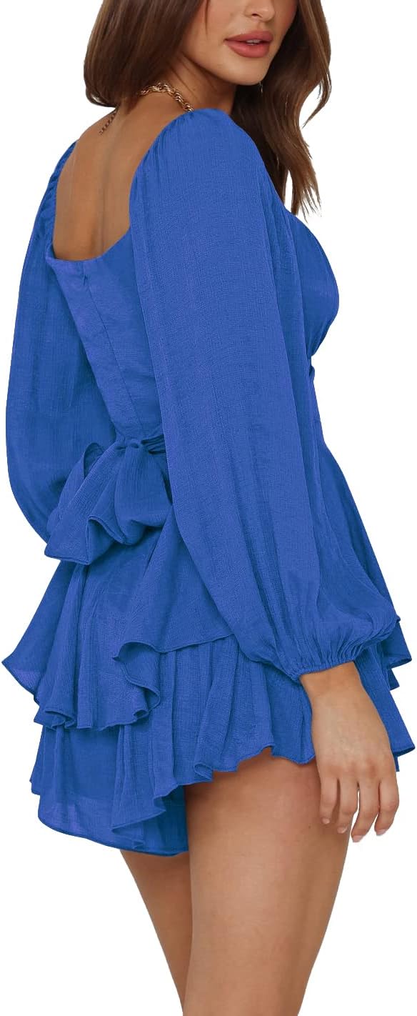 LYANER Women's Jumpsuit Lantern Long Sleeve Ruffle Layer Tie Mini Short Romper - Image 3