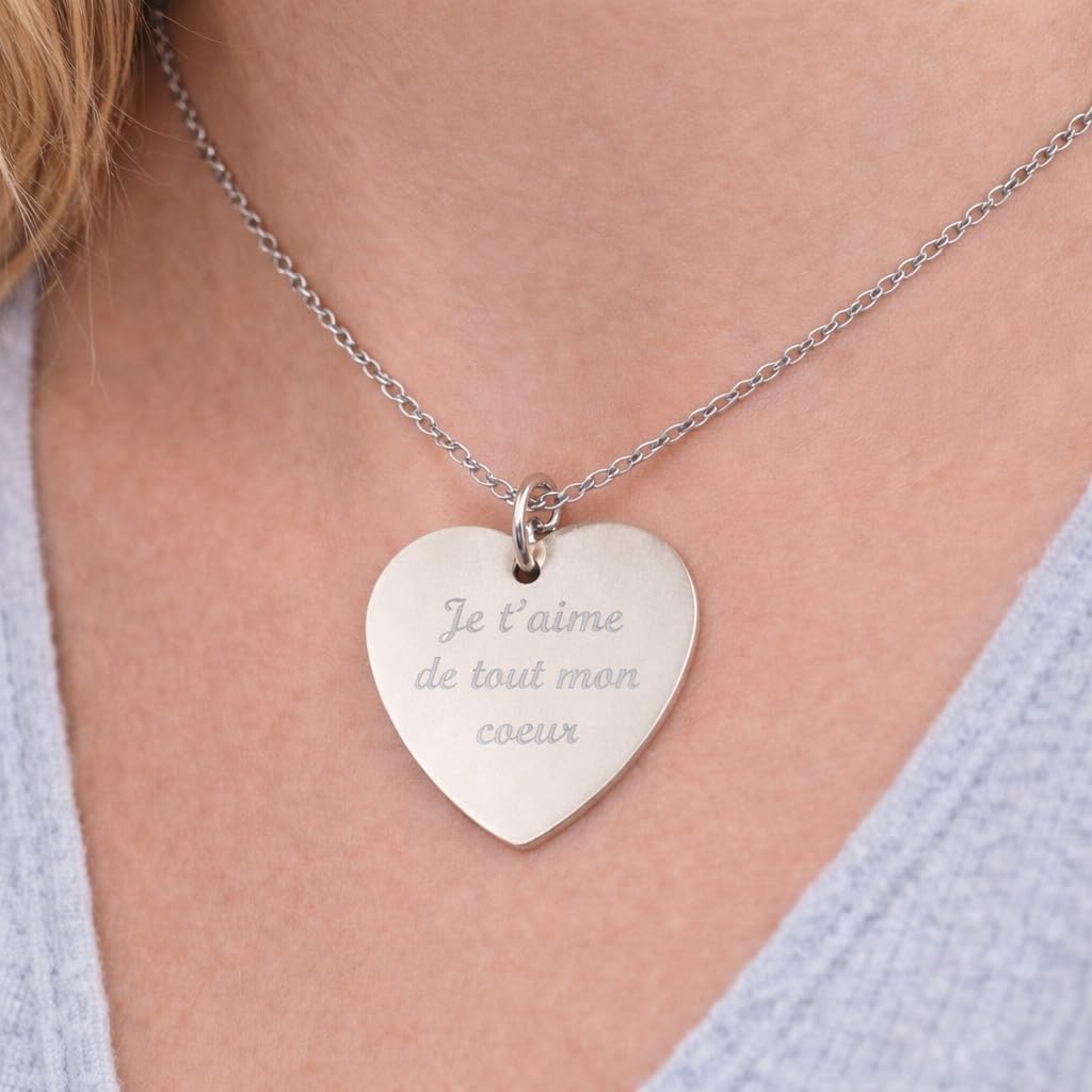 Jeux'Gratte Collier cœur personnalisé gravé – Pendentif cœur en acier inoxydable argent brillant – Chaîne 45 cm – Cadeau original