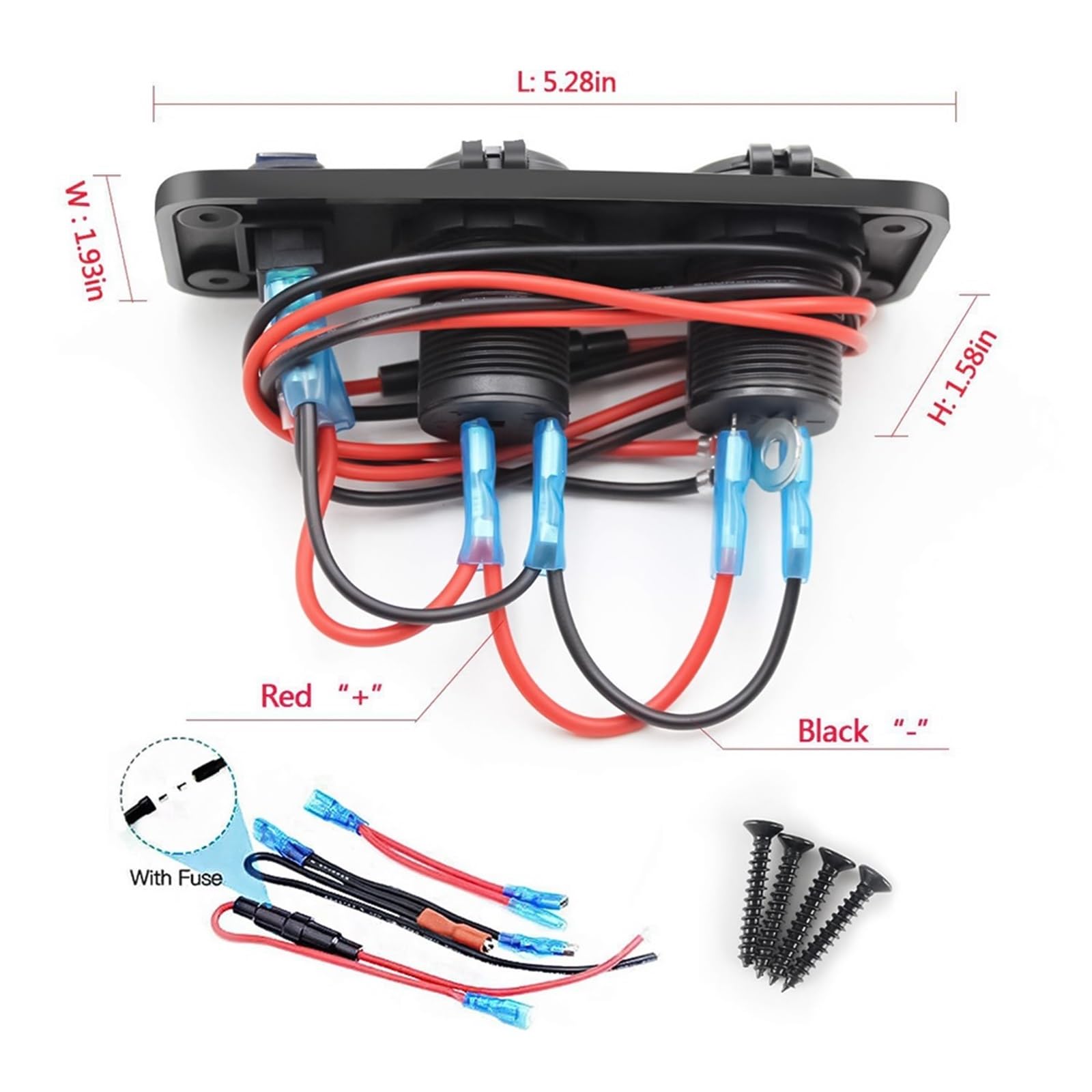 Chargeur rapide double USB, panneau multiport, répartiteur allume-cigare avec voltmètre, interrupteur for voiture, moto, bateau(Red Light)