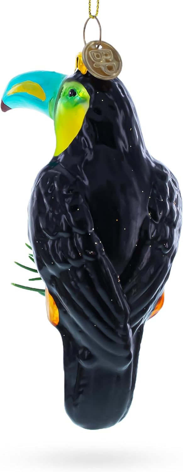 Toucan with Pine Branch Glass Christmas Ornament - Image 4