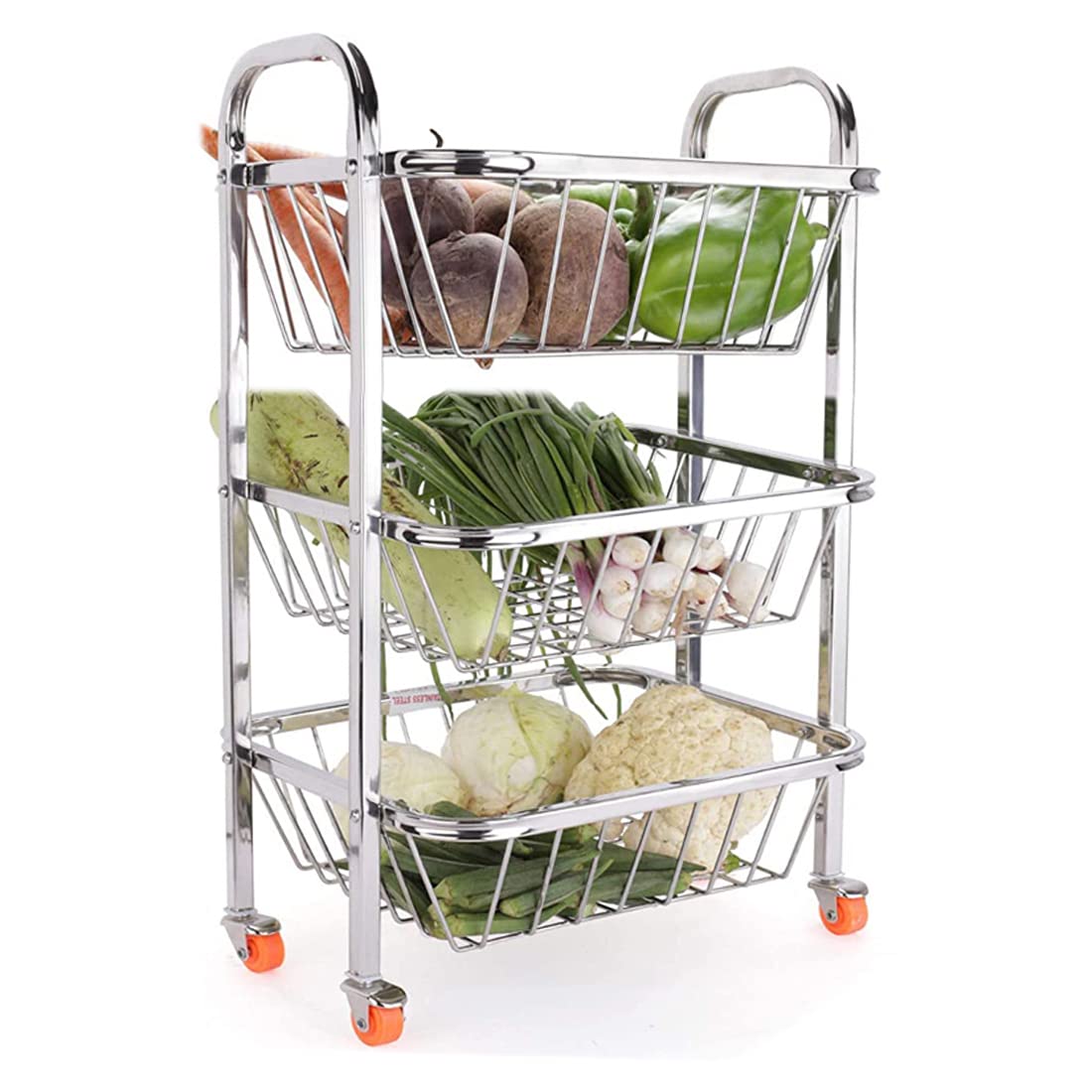 BARTAN HUB Stainless Steel 3 Layer Fruit Vegetable Trolley, Kitchen Trolley (Stainless steel Made, Multiple Shelves, Strong and durable Fruits/Vegetables Kitchen Rack (Steel, Steel)