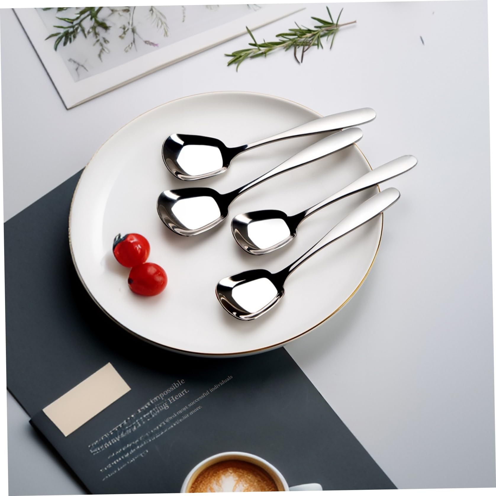 Gcroet Cuillères à Soupe à tête carrée en Acier Inoxydable, 5 pièces, cuillères Soupe carrées de Style coréen Servant Une Robuste en Acier Inoxydable..