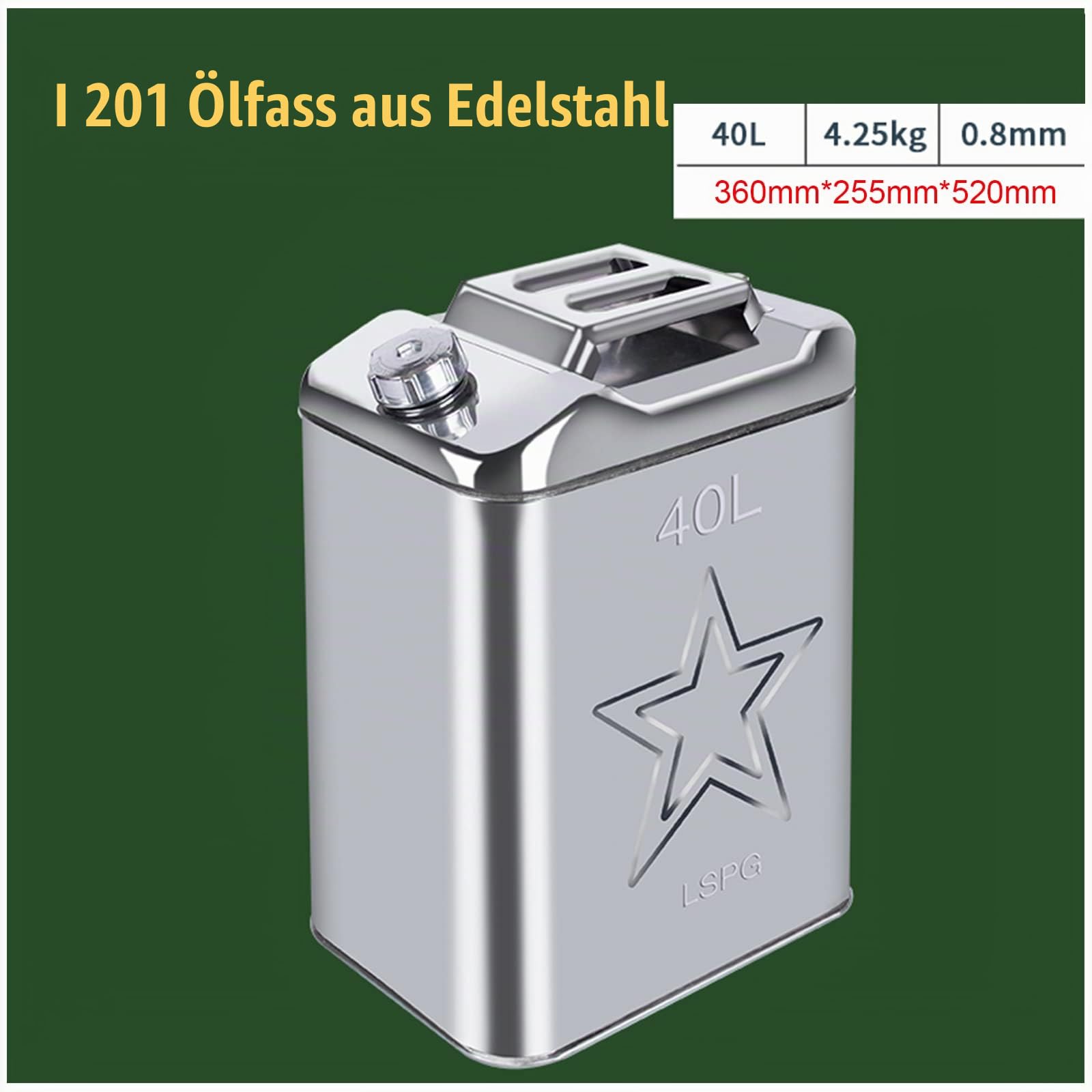 201 Benzinfass Aus Edelstahl 20L/25L/30L/40L Benzinkanister Reservekanister Metall Kraftstoff Kanister Diesel Kraftstoffkanister Kanister Metallkanister Für Benzin Und D(Size:40L)
