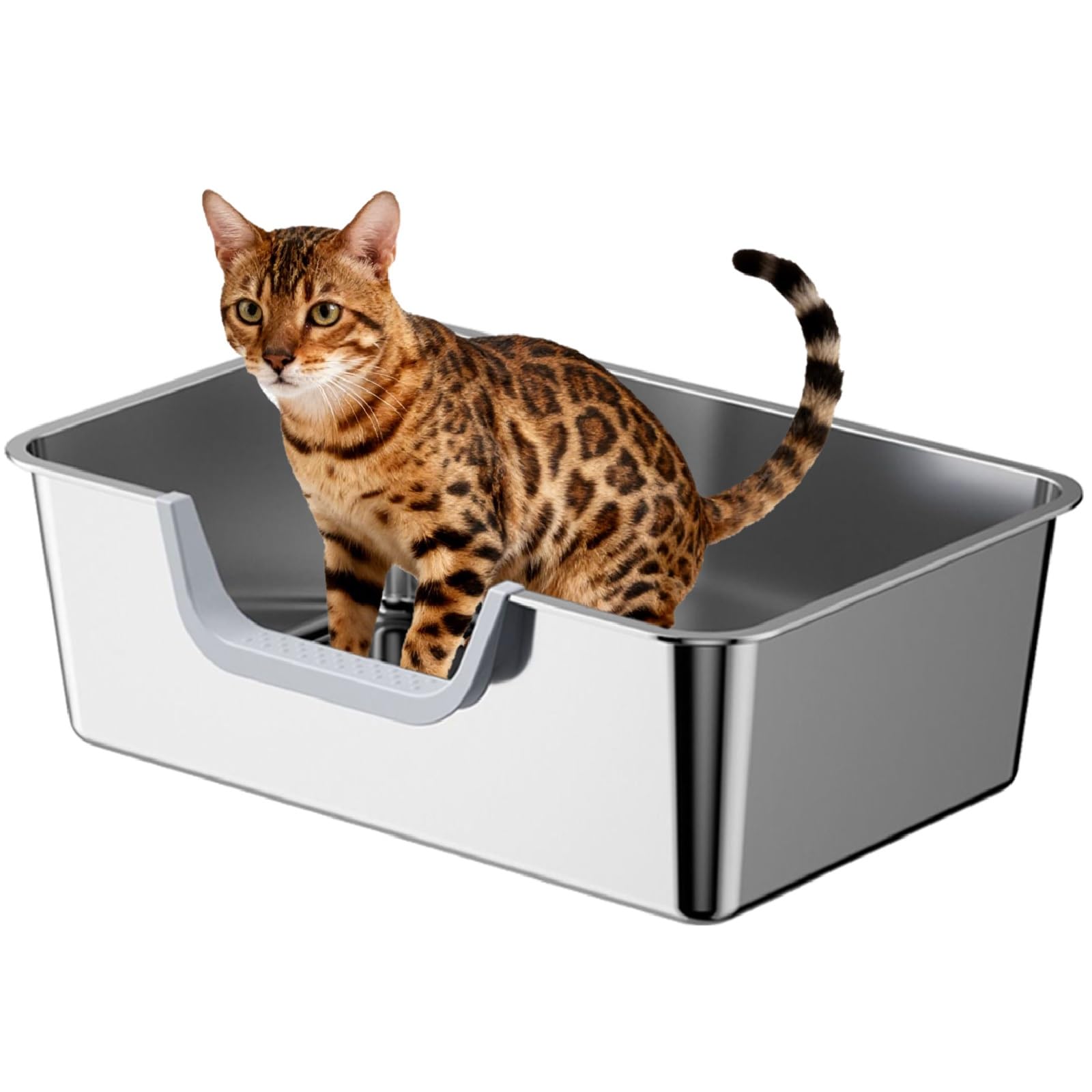 Tondid Stainless Steel Cat Litter Box, Steel Litter Pan with Curved Low Entry, Leak Proof 6 Inch High Side for Urine, Easy Entry for Kittens Older Cats, No Slip, 17.7" x 13.8" x 6", Silver