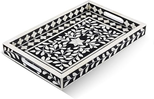 Miniatura 10 de Handicrafts Home Bandejas decorativas inspiradas en patrón marroquí de 11 x 17 pulgadas, centro de mesa verde elegante, bandeja otomana versátil