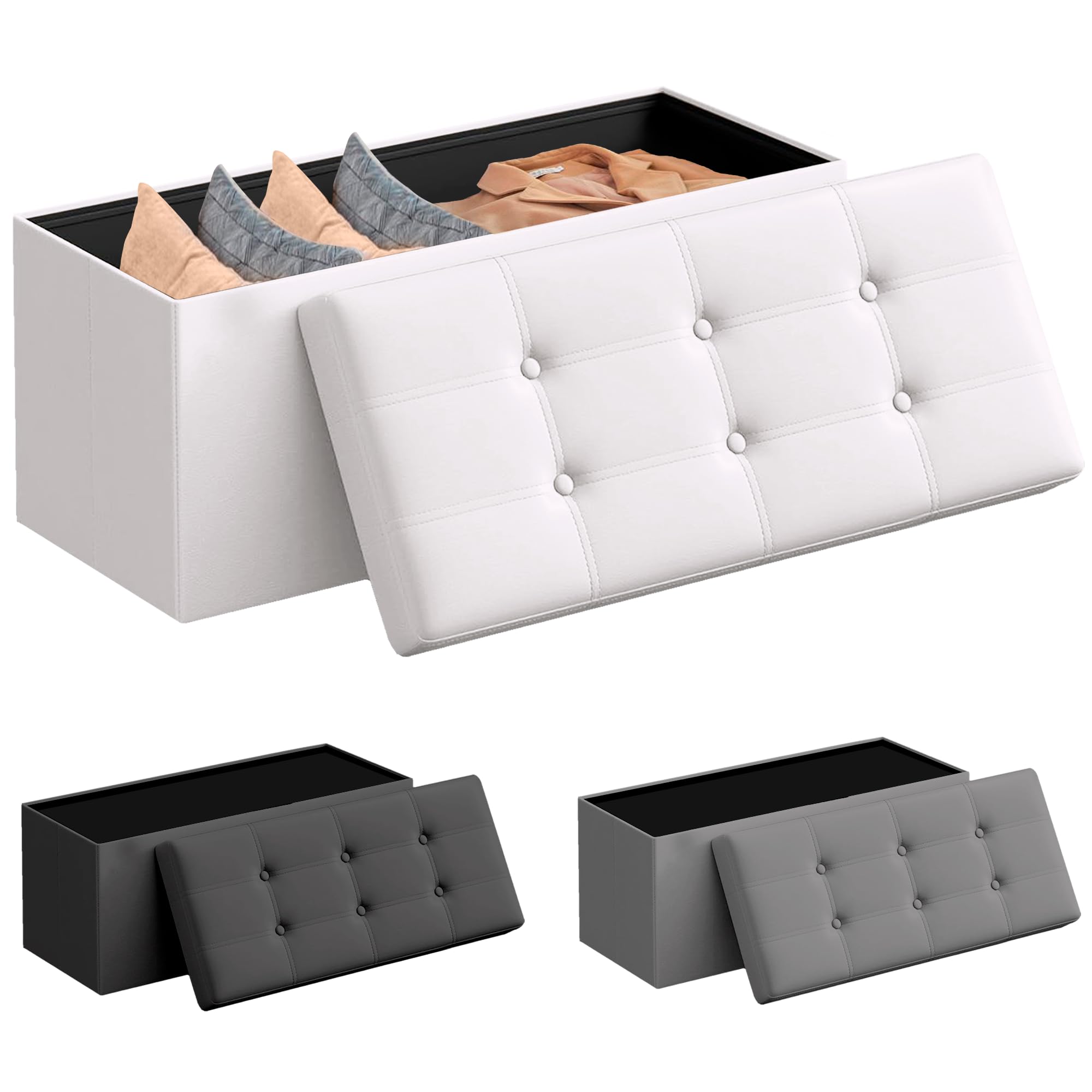 JUPPLIES Puff de Almacenaje 80 L, 76 x 38 x 38 cm - Baúl de Almacenamiento con Tapizado PVC, Plegable y Acolchado - Banco con Tapa Soporta 300 kg para Dormitorio, Salón o Vestidor - Blanco