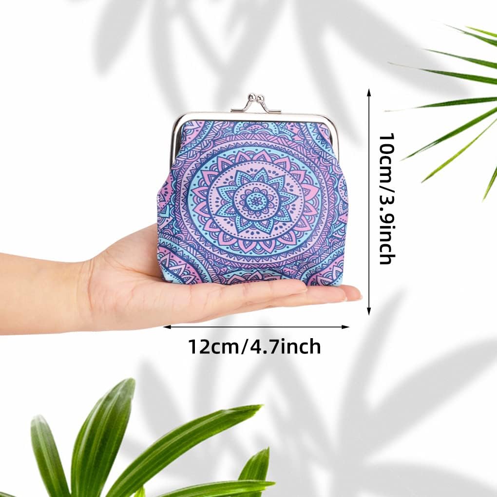 Oyachic 4 Pcs Mandala Coin Purses,PU Leather Change Purse,Vintage Wallets with Clasp Kiss-lock,Cute,Small Clutch Pouch for Woman Girls