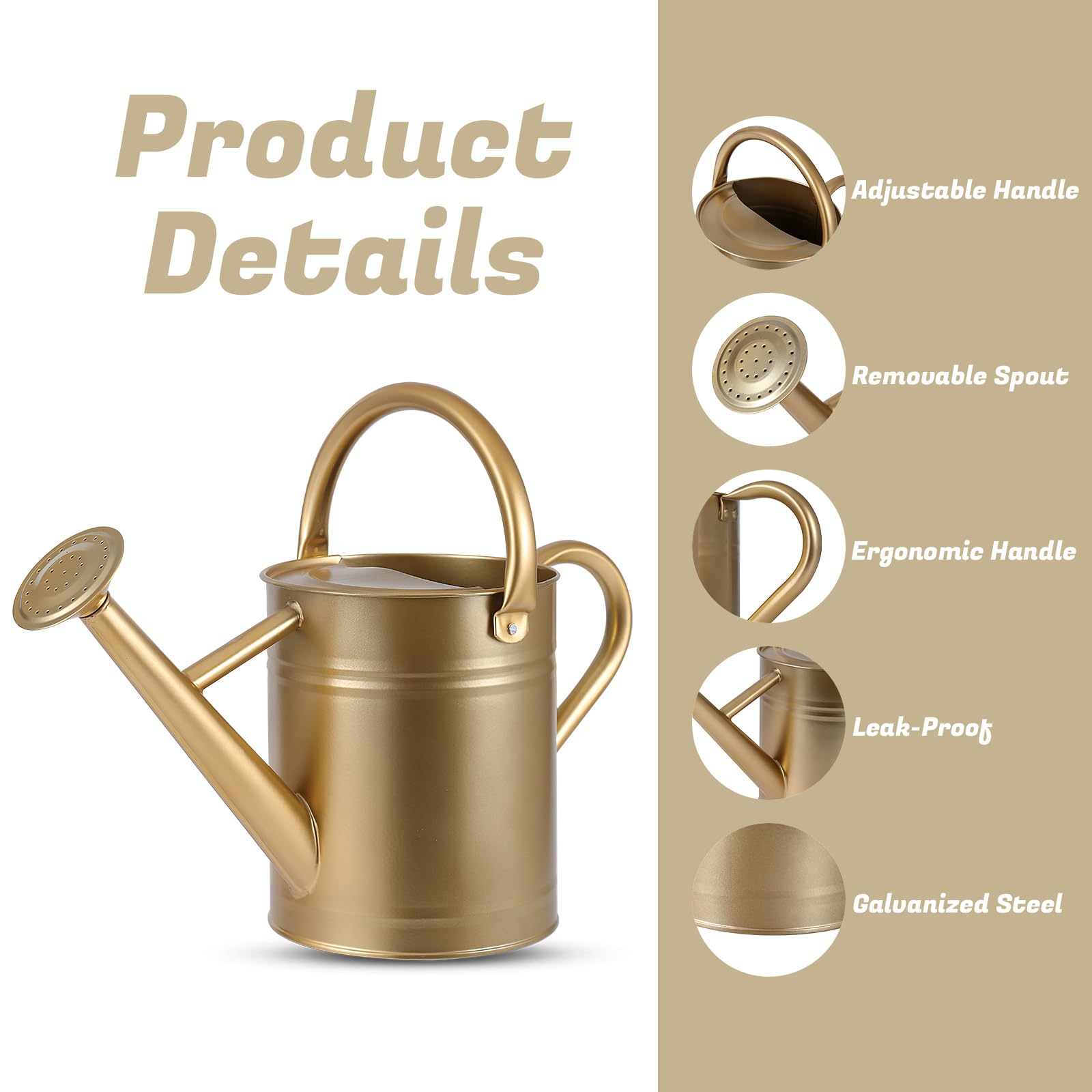Gießkanne für Pflanzen, Gießkannen für Innen- und Außenbereich, verzinkter Stahl, Gießkanne mit abnehmbarem Auslauf, Metall-Wasserkanne mit ergonomischem, beweglichem Griff (Gold)