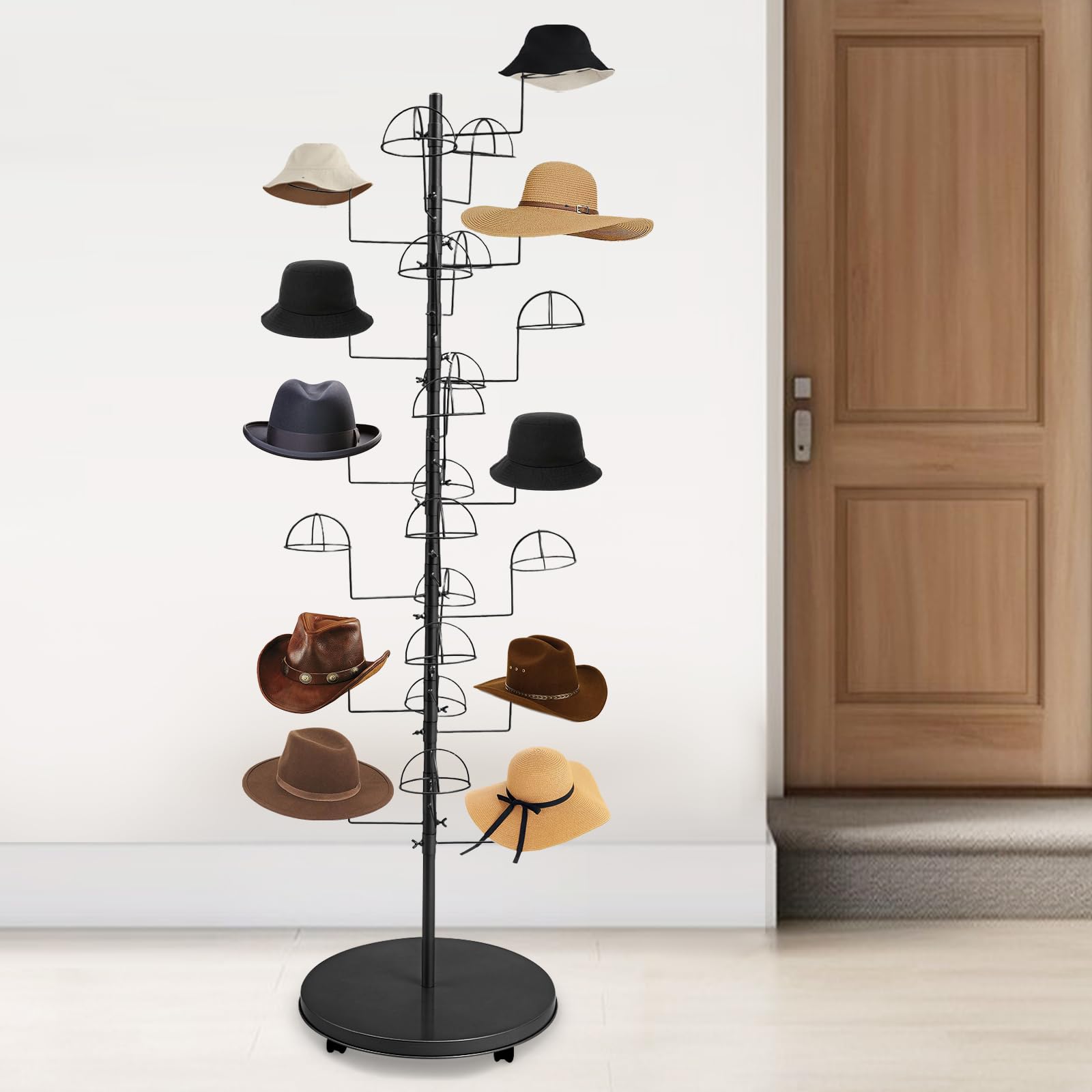 Removable Hat Rack with Wheels, Retail Freestanding 25 Hat Wig Display Stand, Floor-Standing Hats Wigs Holder Tree, Commercial Large Hats Organizer Cap Hanger for Hat Store Shop and Cloakroom?Black?