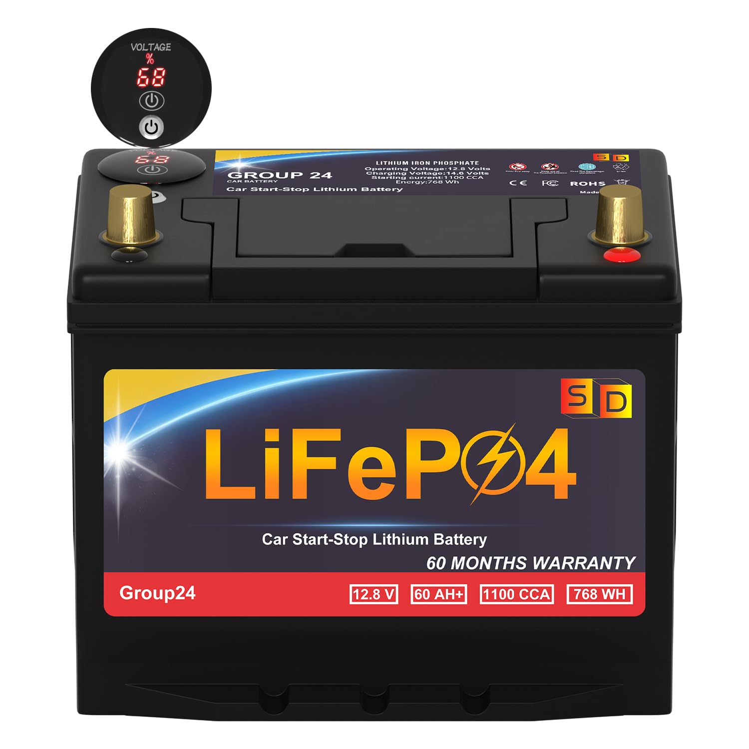 Lithium Start-Stop Car Battery GROUP 24, 12.8V 60Ah 1100CCA LiFePO4 Automotive Battery For Car, With LED Display Power and Emergency Start Button, 60 Months Warranty