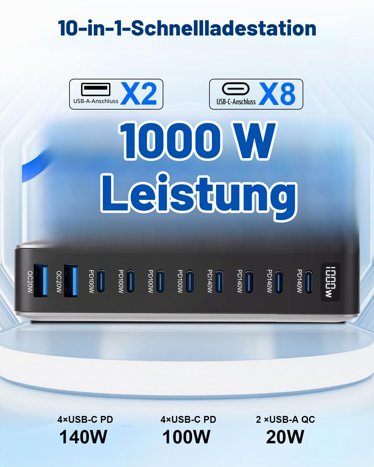 1000W USB C Ladegerät Mehrfach,10 Ports GaN III Schnellladegerät Ladestation mit 8 USB-C und 2 USB-A Charger PD PPS 100W Laptop Ladegerät Adapter für Mac Book Pro/Air/iPad Pro
