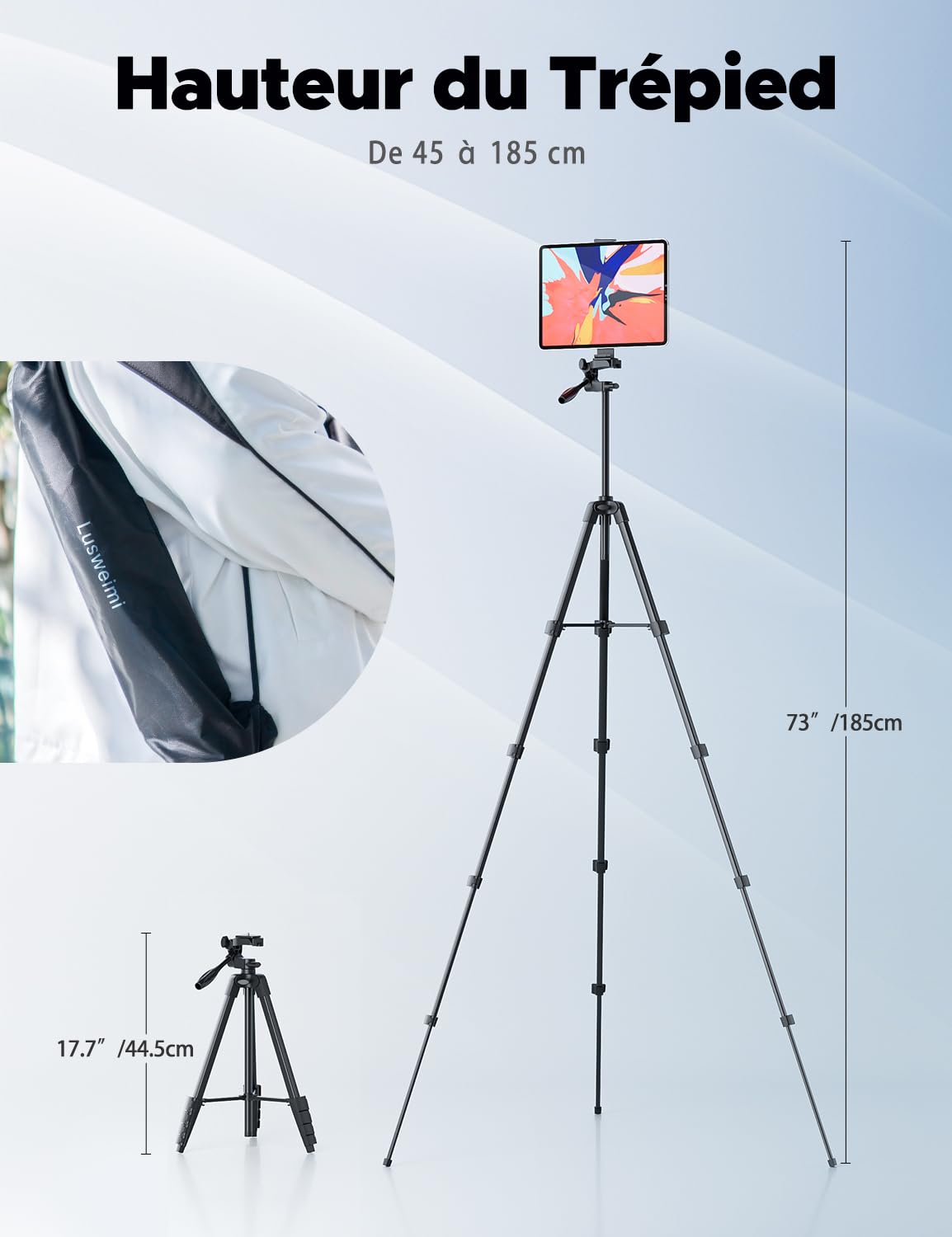 Trépied 152,4 cm pour iPad Pro et iPhone Compatible avec Tablette/iPad Pro 12,9"/Webcam/caméra vidéo, trépied iPad Pro avec télécommande et Sac pour Vlog/vidéo/Photographie