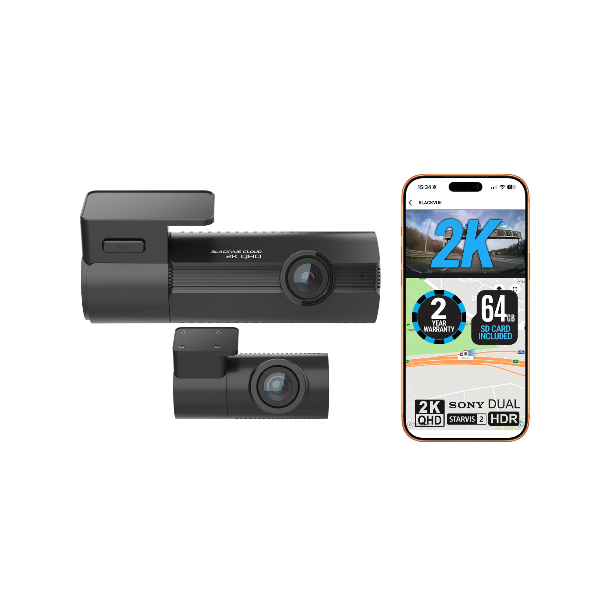 BlackVue Elite 8 2CH 64GB Dash Cam - UK Edition - 2K/2K QHD Front & Rear Dashcam, STARVIS 2, HDR, Wi-Fi, GPS, Night Vision, Power-Saving Parking Mode, 4G LTE Ready, App & Cloud Features