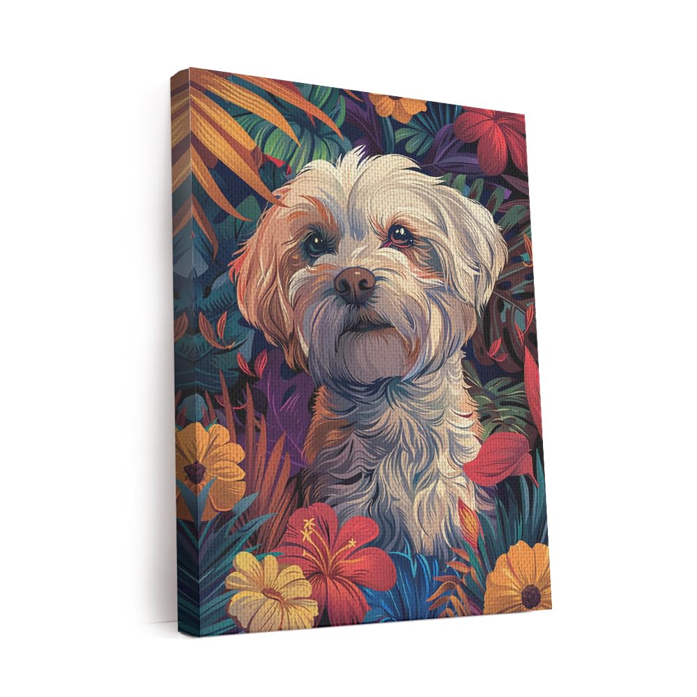 Elivita Maltese Dog Jungle Boho Art Design 4 Vertical Canvas Wall Art Prints Pictures Gifts Artwork Framed For Kitchen Living Room Bathroom Wall Home