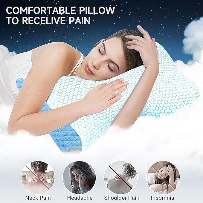 Image of KITCHIVO Memory Foam Pillow, Contour Cervical Orthopedic Memory Foam Pillows Supports Neck Pain and Shoulder Pain for Sleepin Cervical Pillow Neck Support Pillow for Side Back (White & Blue)
