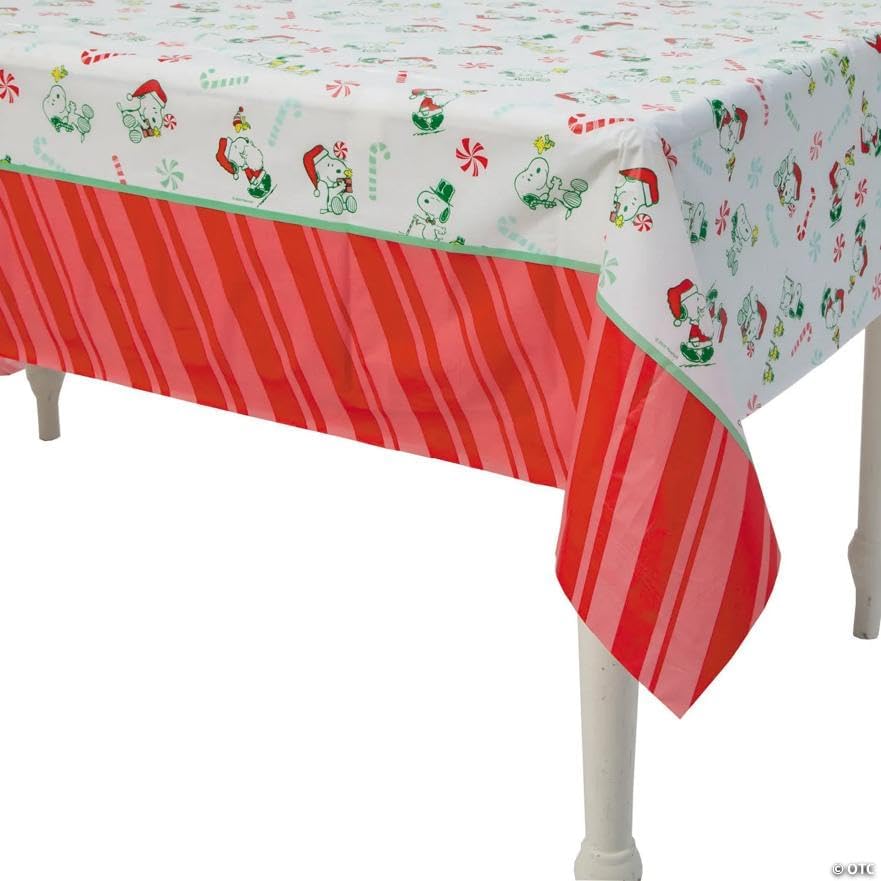 Fun Express 108" x 54" Peanuts Snoopy & Woodstock Peppermint Disposable Plastic Tablecloth